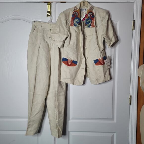 Premiere Designer 2 Pc. vintage Pant Jacket Suit Vintage LINEN Size 10 Cream - Picture 2 of 13
